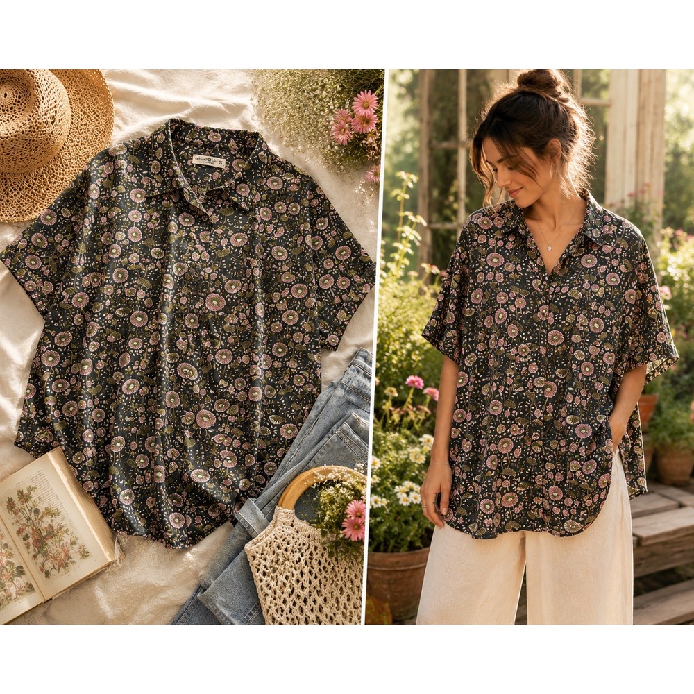 Natural Life Kelly Oversized Floral Button Front Shirt Boho Cottagecore Blouse